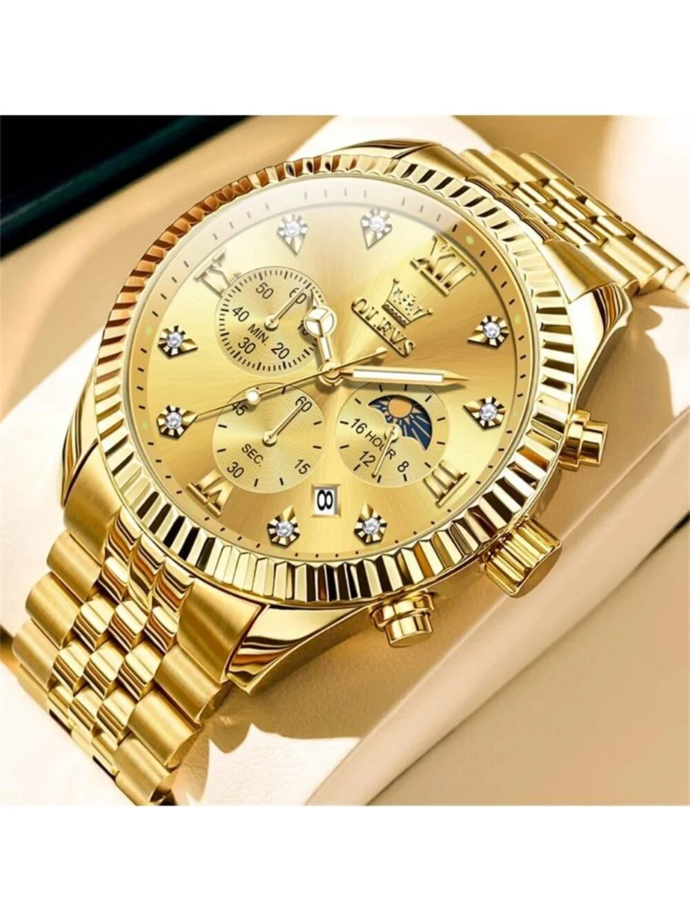 Men's Gold Stainless Steel Band Waterproof Roman Numbers Diamond Classic Watch